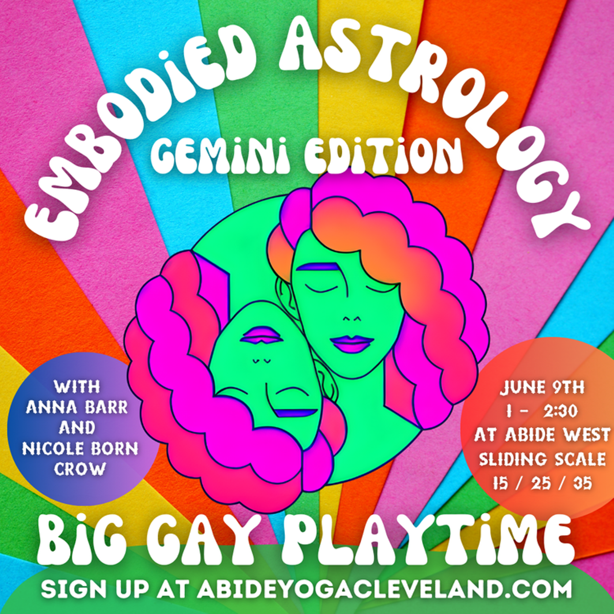 Rainbow background with green and pink twins and text