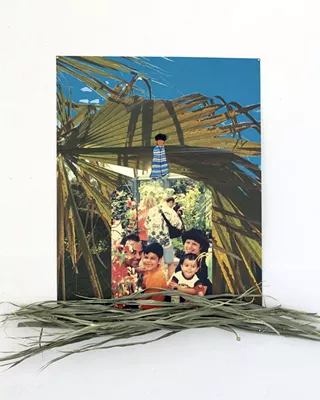 Familia / The Golden Hour, Archival Print, Silkscreen, gouache, enamel paint, miniature domino, & palm fronds, 2018