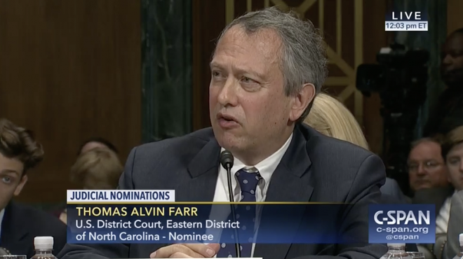 Thomas Farr during a hearing on Capitol Hill when he was nominated by Donald Trump for U.S. District Court. His nomination did not go through.
