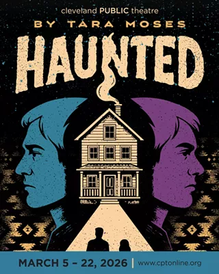 Image of a house with heads of two spirits on either side with couple coming up the walkway to house.