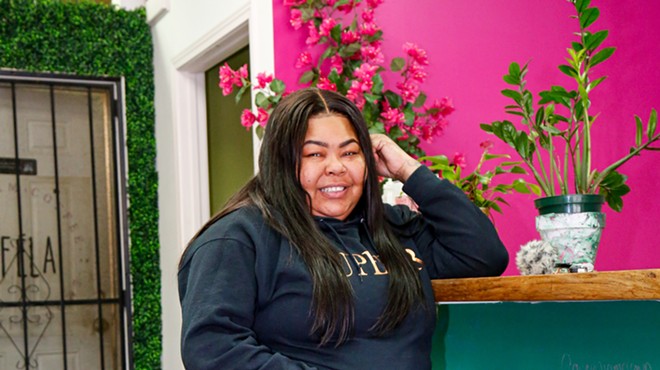 Tenisha Godfrey, the 40-year-old star of the 'It's a Chicken Salad' TikTok meme, at a café off Superior Ave. in October. Godfrey is pursuing trademark rights to her slogans from the video that made her popular on social media.