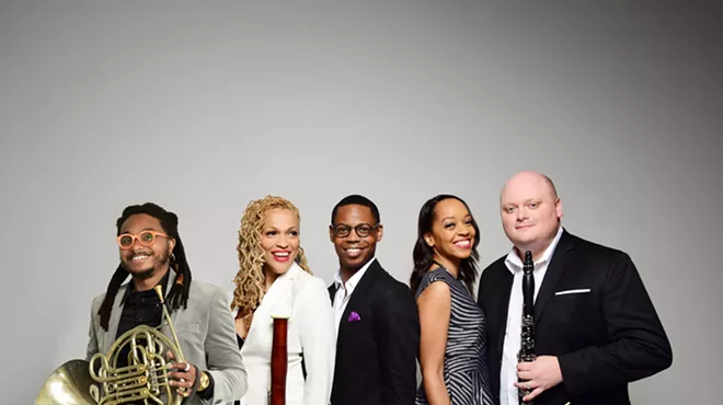 Image: Imani Winds with cellist Seth Parker Woods, pianist Cory Smythe, and actor Michael Braugher '14