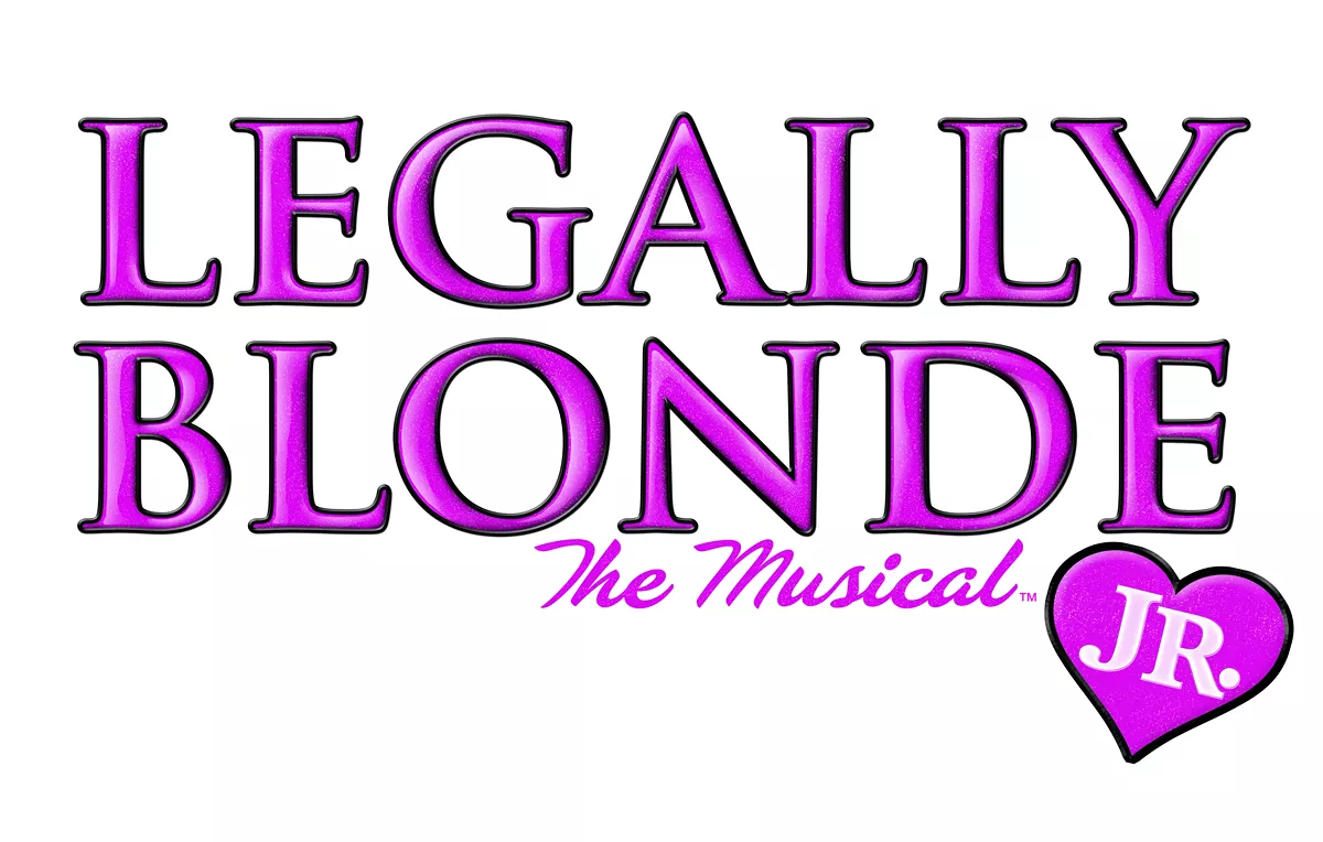 Title Card for Legally Blonde the Musical Jr. Blocky pink letters with Jr inside a heart.
