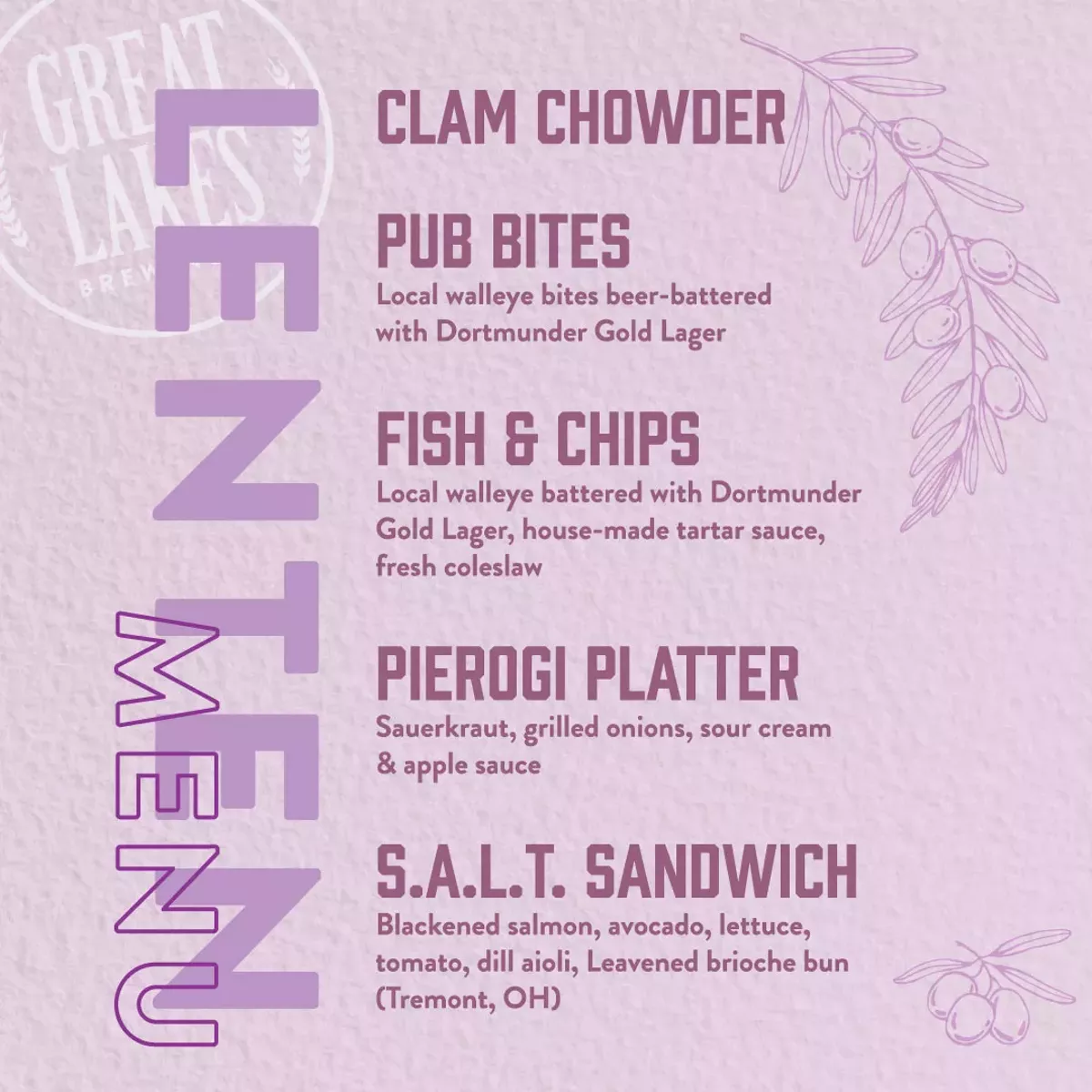 Fish Fry Menu at Great Lakes Brewing Co. for Lent 2026.