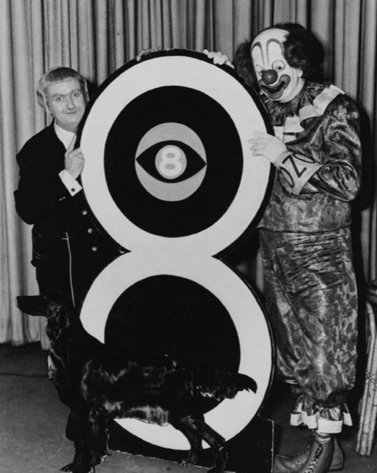 "Bob Keeshan (left) as Capt. Kangaroo, Bozo the Clown (Ed Fisher); dog, "Cory O' County Cork," champion Irish setter."  --photo verso, 1962