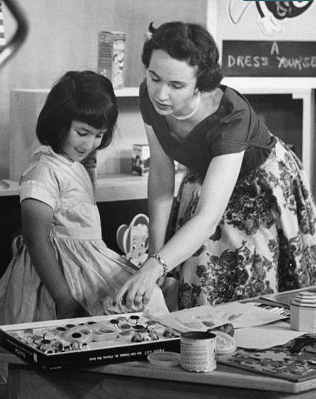 Miss Barbara helps a student on Romper Room on WEWS Channel 5 (Cleveland, Ohio). 1962