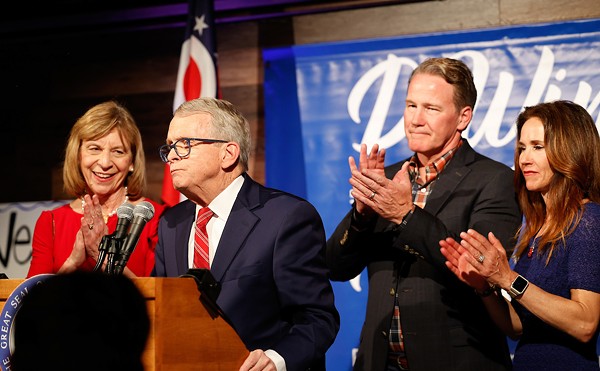COLUMBUS, OH — MAY 03: Ohio Gov. Mike DeWine joined on stage by First Lady Fran DeWine, Lt. Gov. Jon Husted and Second Lady Tina Husted to celebrate DeWine winning the Republican Party nomination for governor in the Ohio primary election, May 3, 2022, at the DeWine-Husted campaign headquarters, Columbus, Ohio.