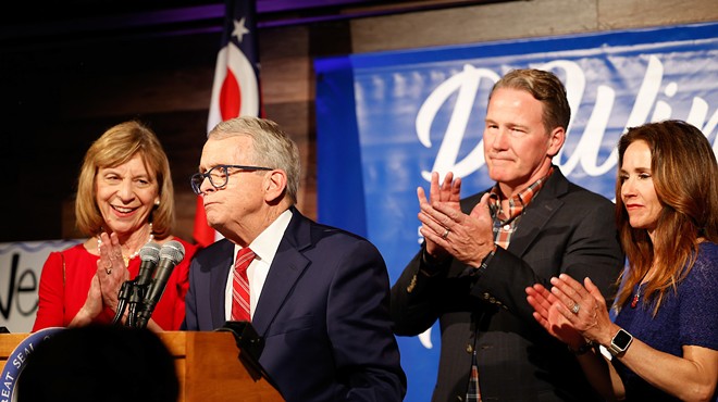 COLUMBUS, OH — MAY 03: Ohio Gov. Mike DeWine joined on stage by First Lady Fran DeWine, Lt. Gov. Jon Husted and Second Lady Tina Husted to celebrate DeWine winning the Republican Party nomination for governor in the Ohio primary election, May 3, 2022, at the DeWine-Husted campaign headquarters, Columbus, Ohio.