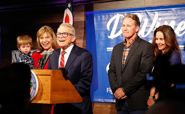 COLUMBUS, OH — MAY 03: Ohio Gov. Mike DeWine joined on stage by First Lady Fran DeWine, grandson Calvin, Lt. Gov. Jon Husted and Second Lady Tina Husted to celebrate DeWine winning the Republican Party nomination for governor in the Ohio primary election, May 3, 2022, at the DeWine-Husted campaign headquarters, Columbus, Ohio.