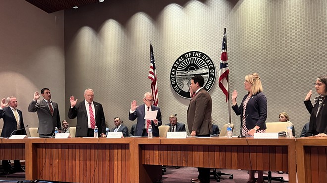 The members of the Ohio Redistricting Commission are sworn in by Gov. Mike DeWine on Wednesday. Left to right: State Rep. Jeff LaRe, Secretary of State Frank LaRose, Auditor of State Keith Faber, DeWine, Senate Majority Floor Leader Rob McColley, House Minority Leader Allison Russo and Senate Minority Leader Nickie Antonio.