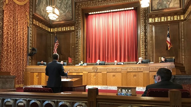 Attorney Phillip Strach speaks before the Ohio Supreme Court, arguing for the constitutionality of legislative district maps. The court heard arguments on three cases asking it to reject the maps approved in September.