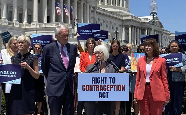 Massachusetts Democratic Sen. Ed Markey, left, Washington Democratic Sen. Patty Murray, center, and North Carolina Democratic Rep. Kathy Manning at a press conference on contraception access outside the U.S. Capitol on Wednesday, June 14, 2023.