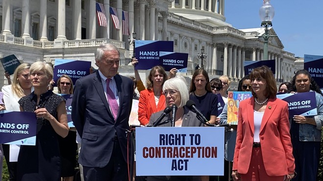 Massachusetts Democratic Sen. Ed Markey, left, Washington Democratic Sen. Patty Murray, center, and North Carolina Democratic Rep. Kathy Manning at a press conference on contraception access outside the U.S. Capitol on Wednesday, June 14, 2023.