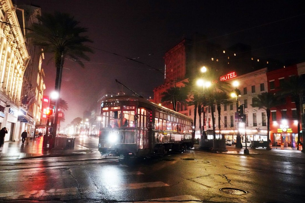 A street car travels down Canal Street in New Orleans.