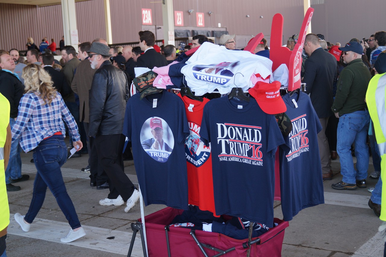 Trump shirts. (Certainly more tasteful than the "Hillary sucks, but not like Monica," shirts, which were not allowed inside the rally).