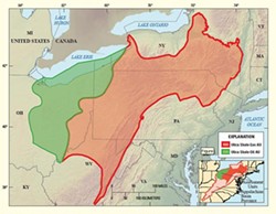 The Utica (green) and Marcellus (red) shale plays, i.e. the targets of oil and gas execs the world over. - USGS
