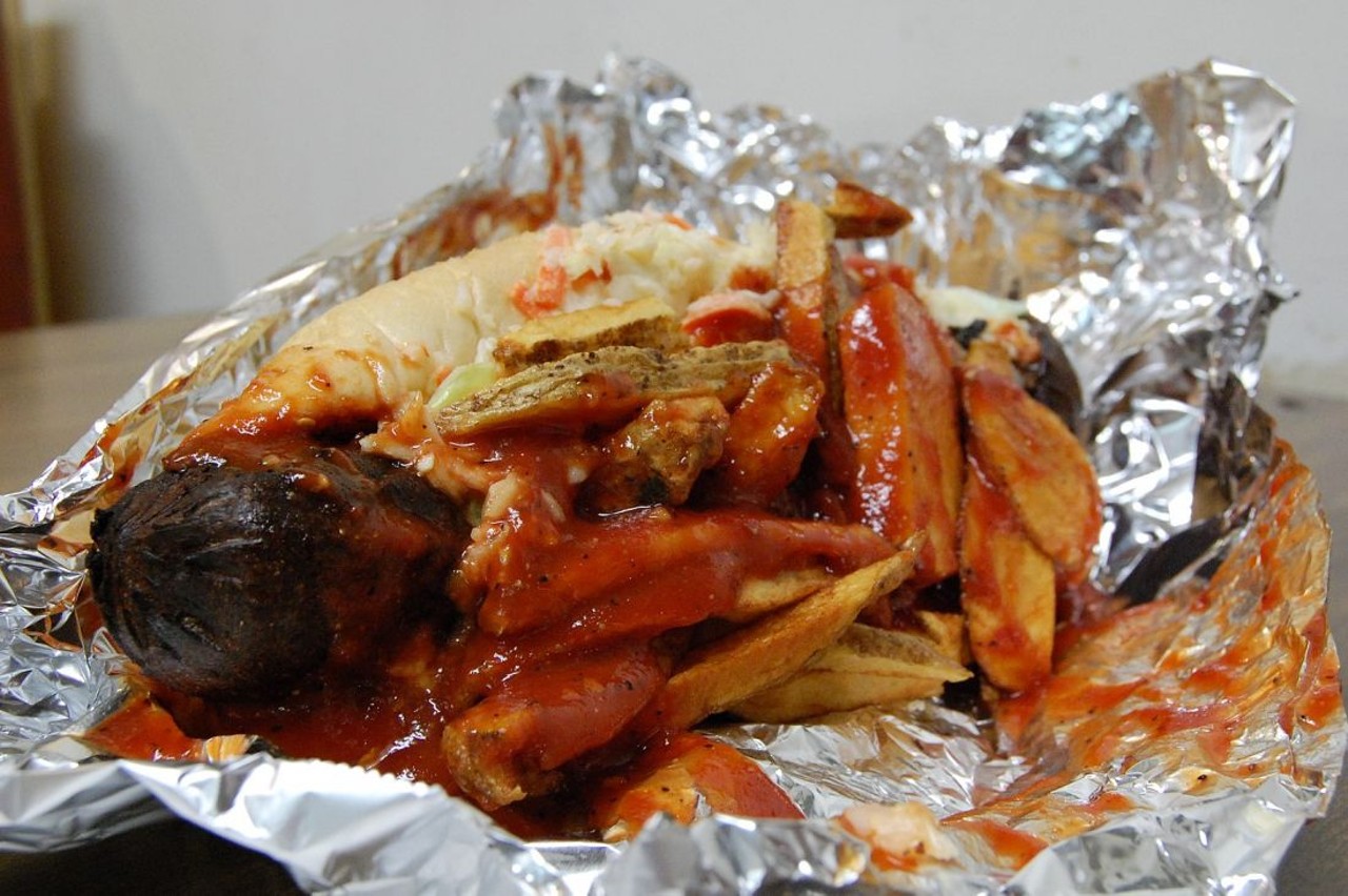 Polish Boy 
What: The glorious, messy marriage of kielbasa, cole slaw, french fries and barbecue sauce
Why: Every city has its claim to fame, and in Cleveland, our fate will forever be intertwined with the Polish Boy
Photo via Wikimedia Commons
