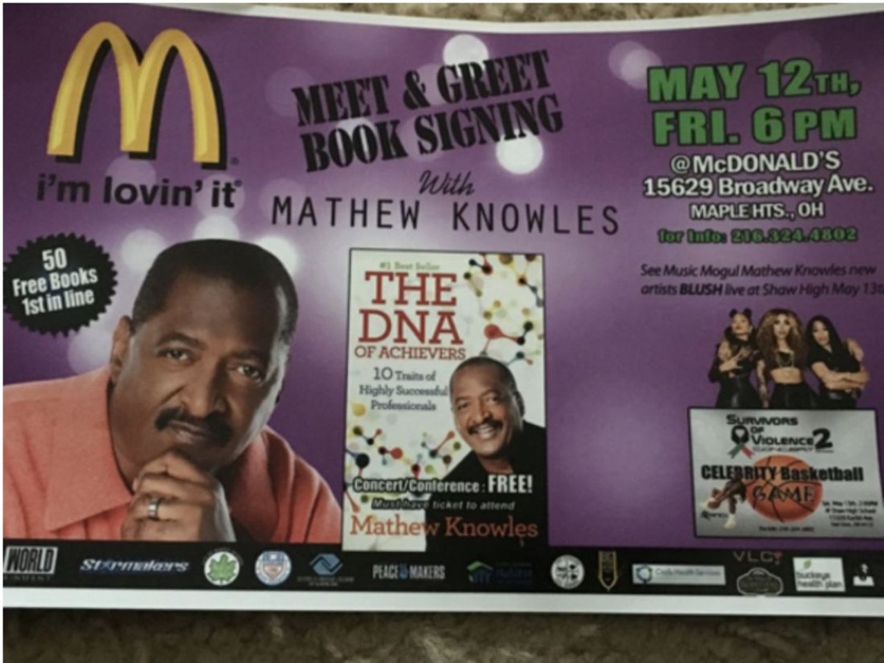  &#147;Beyonce's Dad is Doing a Book Signing Tonight at... a McDonald's in Suburban Cleveland&#148;
May 12
Matthew Knowles, father of Beyonce, may not exactly enjoy the same level of fame as his daughter does. How do we know? When he came to Cleveland for his book signing, to autograph copies of his book, &#147;The DNA of Achievers: 10 Traits of Highly Successful People,&#148; the appearance took place at a McDonald&#146;s in Maple Heights.
Photo via Scene Archives