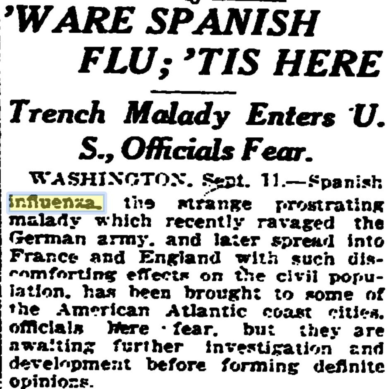 September 12th: &#146;Ware Spanish Flu; &#145;Tis Here