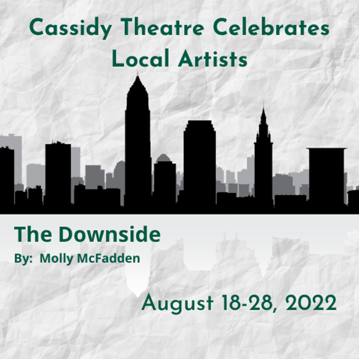 Title card for The Downside by Milly McFadden featuring a Cleveland Skyline