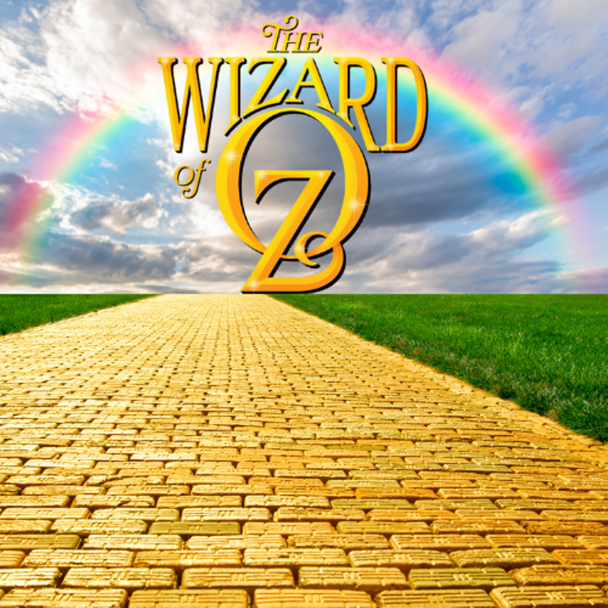 The Wizard of Oz Title card above a yellow brick road extending into the distance