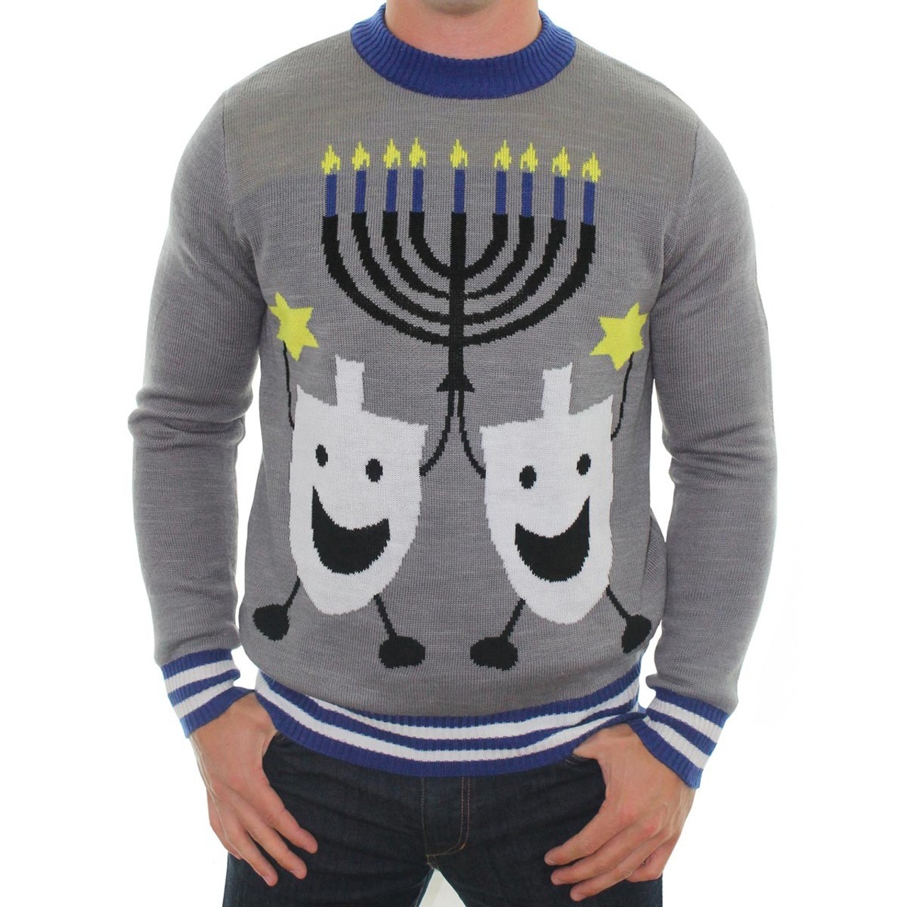 This Hanukkah sweater will keep the cheer going for all eight days. Look how happy the dreidels are!