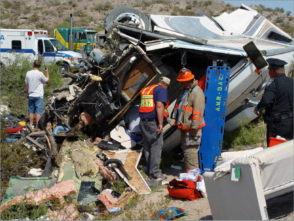 The crash scene involving the Haeger family, whose RV had Goodyear G159 tires. - PHOTO COURTESY DAVID KURTZ