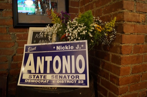 A Nickie Antonio campaign sign at Deagan's in Lakewood, (Primary Election Party: 5/8/18). - Sam Allard / Scene