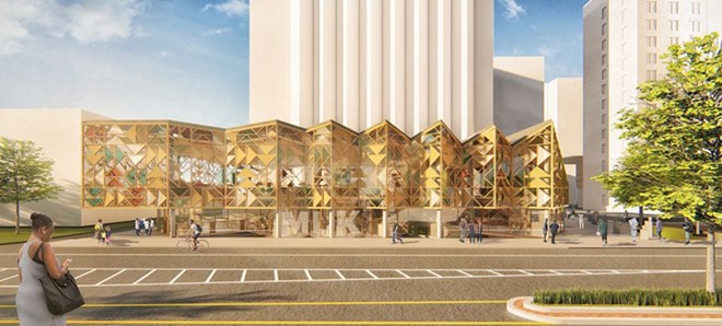 An exterior view of the MASS & LDA proposal for the Cleveland Public Library's new Martin Luther King Jr. Branch as viewed from across Euclid Avenue east of East 105th Street. - MASS & LDA