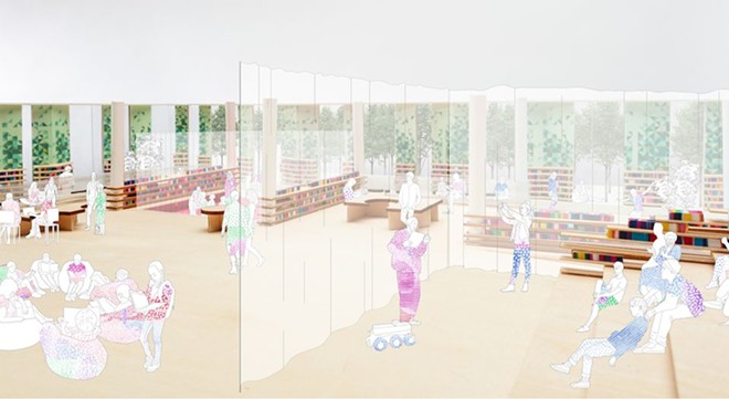 An interior view of the SO-IL + Kurtz proposal for the new Martin Luther King Jr. Library branch. Inspired by the "table of brotherhood" referenced in MLK's "I have a dream" speech. This rendering depicts reading areas as a flexible space divisible by movable curtains. - SO-IL + Kurtz