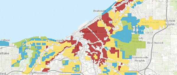 The red color indicates neighborhoods redlined in the 1930s. - Case Western Reserve University