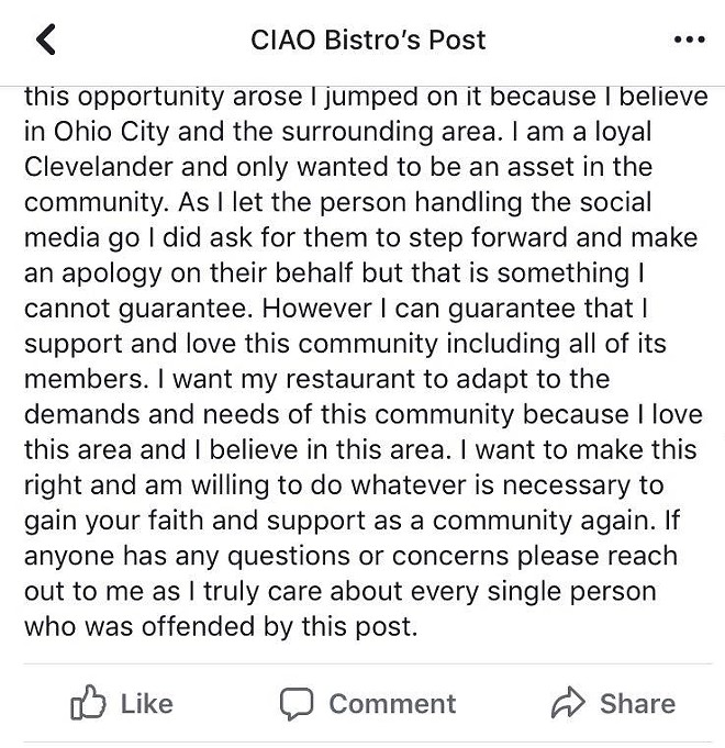 Future of Ciao Bistro in Ohio City Unclear after Facebook Comment Labels Neighbors 'liberal white c*nts' (3)