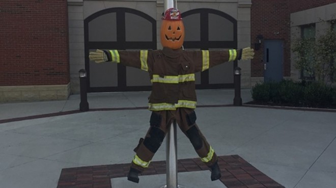 The Violet Township Fire Department's scarecrow, Sparky - Photo via Belle Communication