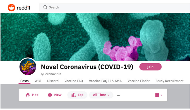 For millions of people, the r/Coronavirus forum (pictured) on the website Reddit is a go-to source for pandemic information — and a potential breeding ground for misinformation. - REDDIT