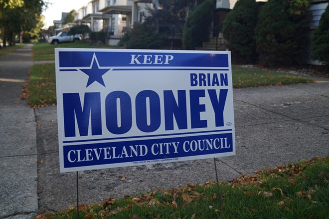 A "Keep Brian Mooney" sign in Cleveland's Ward 11, paid for by the Council Leadership Fund (10/13/21). - SAM ALLARD / SCENE