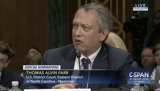 Thomas Farr during a hearing on Capitol Hill when he was nominated by Donald Trump for U.S. District Court. His nomination did not go through. - Photo courtesy of C-SPAN.
