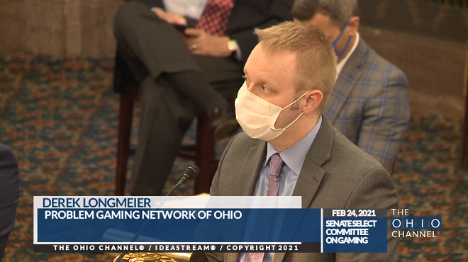 Derek Longmeier, executive director of the Problem Gambling Network of Ohio, is seen testifying at the Senate Select Committee on Gaming in February 2021. - Screenshot from The Ohio Channel.