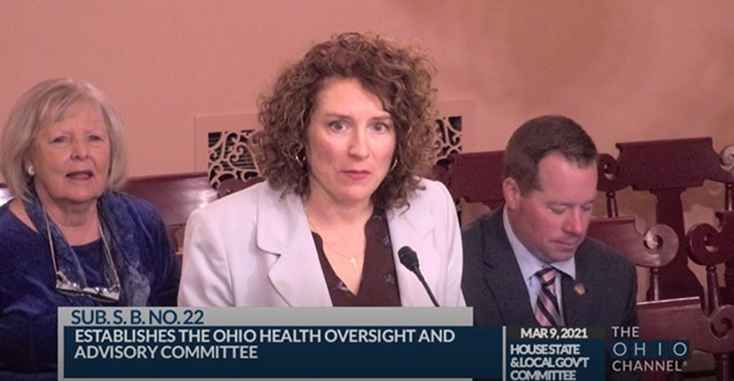 Dr. Elizabeth Laffay testifies before the House State and Local Government Committee on March 9, 2021. She spoke in support of a bill limiting the health department’s ability to respond to COVID-19, declaring the “medical pandemic is now over.” - SOURCE: OHIO CHANNEL.