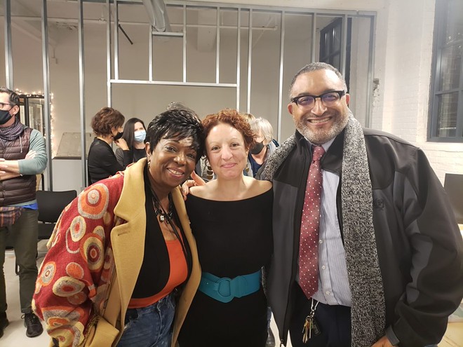 Jeremy Johnson (right), President & CEO of Assembly for the Arts, poses with artist Mary Kay Thomas (left) and Stephanie Kluk - Photo by Milo Lopez