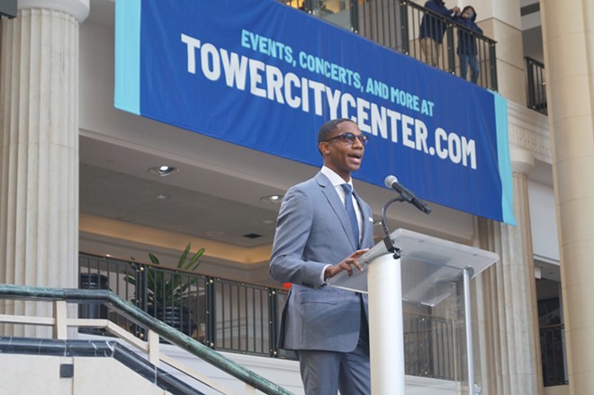 Mayor Justin Bibb speaks at Tower City in preparation for the NBA All-Star weekend, (1/31/22). - Sam Allard / Scene