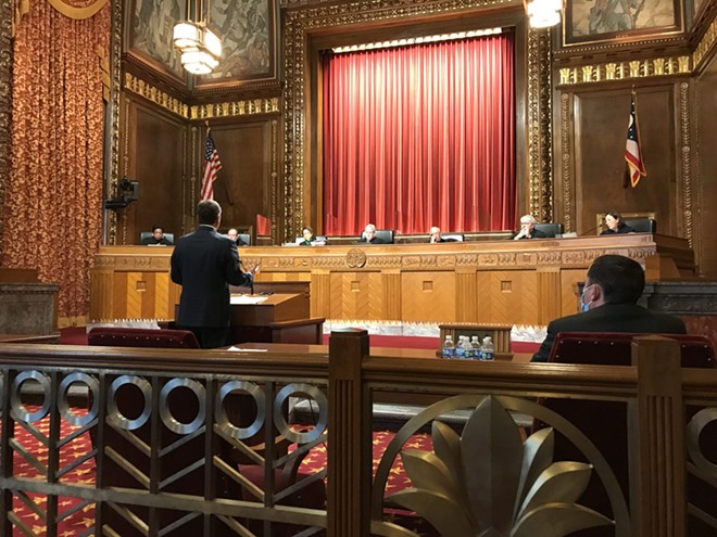 Attorney Phillip Strach speaks before the Ohio Supreme Court, arguing for the constitutionality of legislative district maps. The court heard arguments on three cases asking it to reject the maps approved in September. - (Photo: Susan Tebben, OCJ)
