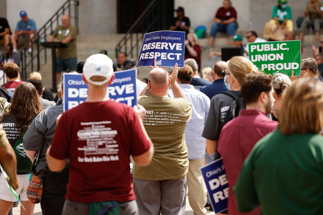 COLUMBUS, OH — JUNE 17: Union members and supporters at the Rally for Respect organized by the Ohio Civil Service Employees Association (OCSEA), June 17, 2022, at the Ohio Statehouse, Columbus, Ohio. - (PHOTO BY GRAHAM STOKES FOR THE OHIO CAPITAL JOURNAL.)