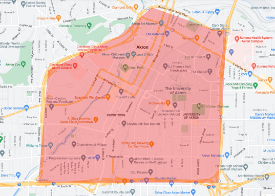Map of downtown Akron curfew zone. - Google Maps / Courtesy City of Akron