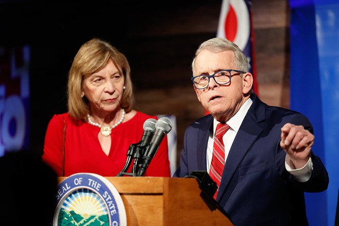 COLUMBUS, OH — MAY 03: Ohio Gov. Mike DeWine, joined by First Lady Fran DeWine, speaks to supporters celebrating DeWine winning the Republican Party nomination for governor in the Ohio primary election, May 3, 2022, at the DeWine-Husted campaign headquarters, Columbus, Ohio. - (Photo by Graham Stokes for the Ohio Capital Journal.)
