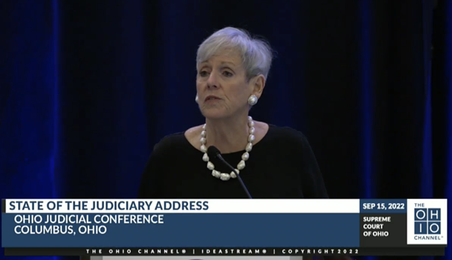 Ohio Supreme Court Chief Justice Maureen O’Connor gives her “state of the judiciary” address at the Ohio Judicial Conference. - Photo courtesy of the Ohio Channel