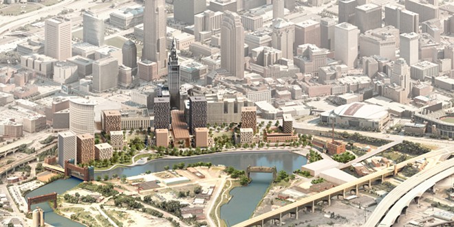 A rendering of Tower City's possible coastline in 2040, released by Bedrock on Friday. - Photo / Adjaye Associates