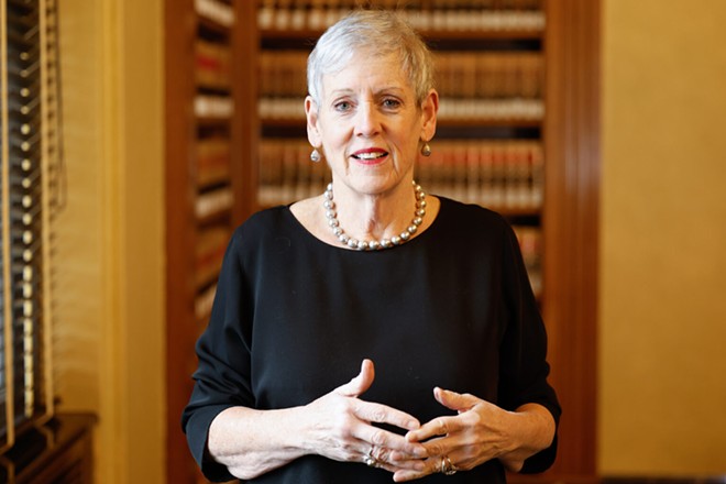 COLUMBUS, OH — DECEMBER 08: Retiring Chief Justice of the Supreme Court of Ohio, Maureen O’Connor poses for a portrait in the Court Law Library Reading Room, December 8, 2022, at Supreme Court of Ohio in Columbus, Ohio. - (Photo by Graham Stokes for Ohio Capital Journal.)