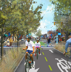 Rendering from Bialosky’s Midway plan. Jacob VanSickle, director of Bike Cleveland, said it's key that both the Lorain and Superior lanes be designed and carried out "in tandem with one another." - Cleveland Planning Commission.