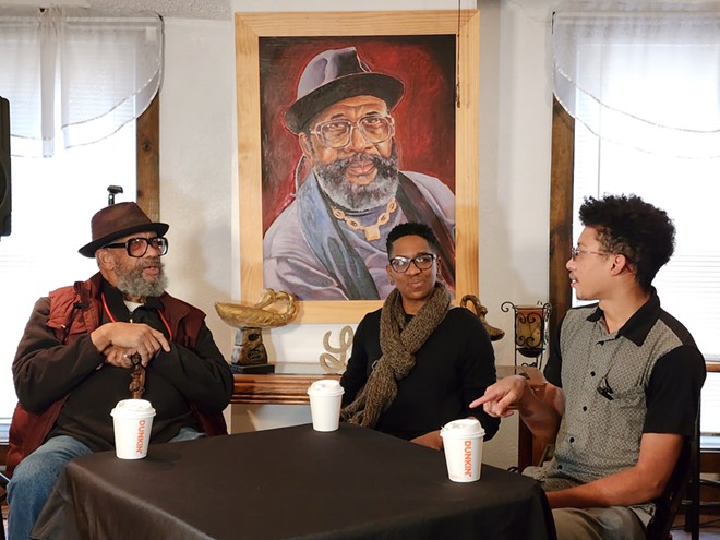 *Image of artist Edward Parker (left), moderator Deidre McPherson (center), and artist Davon Brantley (right), preparing for their artist discussion that will occur during the Black Arts Showcase - Photos courtesy T.E.T. Entertainment.