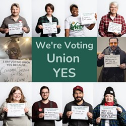 Ten of the 56 REI Cleveland workers who voted yes on Friday. - REI Union Cleveland